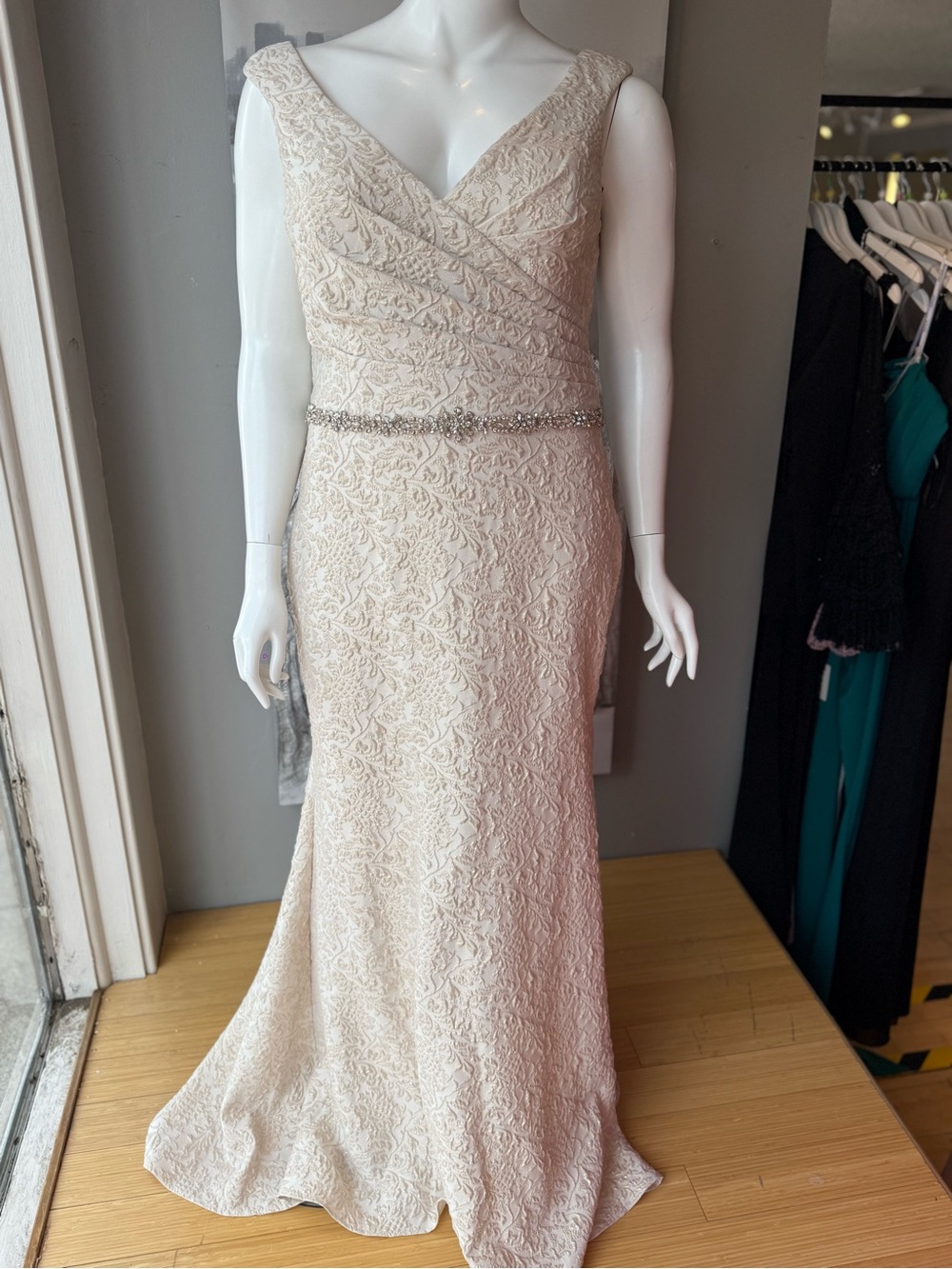 Terani Couture Ivory Lace V-Neck Maxi Dress with Beaded Waist